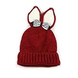 PANCY 秋冬 帽子 子供 ニット帽 女の子 キャップ 毛糸 防寒 ボア かわいい リボン うさぎ耳 50cm 1～5歳(ワインレッド)