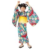 [ KIMONOMACHI ] こども 浴衣セット「青緑色枝垂れ桜に笠」 150cm