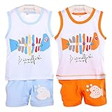 ハイキングフライ(Hikfly)二組 ベビー服男の子女の子 赤ちゃん柔らかい綿ツーピースノースリーブ袖无しTシャツ ベスト＆ショートパンツ セット(鱼) (3-9ヶ月, 男の子)