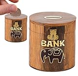 クリスマスギフト、木製お金ボックスオーバルシェイプ&ブラックElephant Inlaid、貯金箱、キッズコインバンク、お金銀行子供/大人/少女のブラウンカラーサイズ4.5 X 4.5インチ