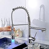 Fapully Deck Mount Spring Contemporary Brushed Nickel Single Handle Swivel LED Pull Out Kitchen Sink