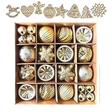 wemitas クリスマスツリー オーナメント 飾り ボール 6cm 3cm ゴールド 38個 大容量 北欧 木製 8種類 14枚 セット