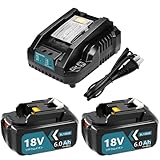 Amoresbat 互換 マキタ 18v バッテリー BL1860B 6000mAh大容量 2個 マキタ 18v バッテリー 充電器セット DC18RC充電器付き BL1815N BL1830B BL1860Bなど互換 BMS基板搭載 高耐久性 LEDランプ残量表示 PSE CEマーク認証取得済 P