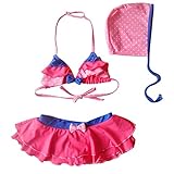 (ホーマイ)HOOMAI 水着 キッズ ビキニ 女の子 セパレート スカートパンツ ブラトップ ホルターネック リボン フリル ドット柄 セクシー フード 3点セット ピンク ピンク 134