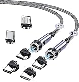 マグネット-充電ケーブル 7ピン 3A急速充電+データ通信 2M+2M Type-C-充電ケーブル 充電コード 2本セット 540度回転 磁石 Type-C + USB-B ケーブル 片手操作 ブルーシルバー HYDOOD