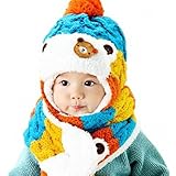 選べる４色 クマ ニット帽 マフラー ベビー キッズ 赤ちゃん 子供 かわいい 冬防寒 耳当て (ブルー)