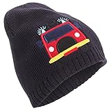 キッズ・子供用 フリース裏地 刺繍入り ニット帽 ビーニー ニットキャップ 冬 防寒 男の子 (ワンサイズ) (ネイビー(消防車))
