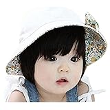 Ruideng リバーシブルで使える花柄 可愛い 帽子 つば 付き リボン 花 フラワー ベビー キッズ (ホワイト)