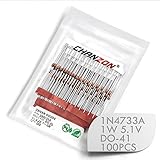 （100個入り）Chanzon 1N4733A1N4733パワーツェナーダイオード1W5.1V DO-41（DO-204AL）アキシャルダイオード1ワット5.1ボルト5V1