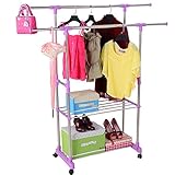 コートラック フロアコートラックダブルポールステンレススチールハンガーバルコニー乾燥ラックホーム引き込み式衣類棚 ( 色 : パープル ぱ゜ぷる )