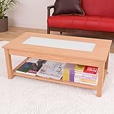 【お洒落な強化すりガラスを中心に】 木製 センターテーブル 収納棚付き ロータイプ オリーブ 組立簡単 色：ナチュラル
