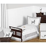 5 PieceフォレストMeadow鹿パターン化リバーシブル布団セット幼児用サイズ、featuring明るいPlayful Deers寝具、ソリッド幾何ボーダーデザイン、Whimsical Wildl