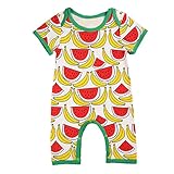 ベビー服　男の子　女の子　綿100％　バナナ　スイカ　フルーツ　プリント　半袖　ズボン　ロンパース　夏秋服　タンクトップ (90, イエロー+レッド)