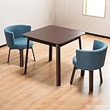 【お洒落な家カフェスタイル ダイニング3点セット】 丸みを帯びたクッションチェアー(座面9cm厚) 360度回転椅子 半円形背もたれ ガタツキ防止付きダイニングテーブル 縦横80cm 安全な角丸加工 2人掛け食卓セット (布ブルー 色)