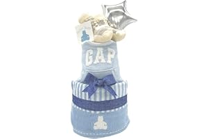 [enicy] おむつケーキ ギャップ 出産祝い スタイ ウォッシュタオル オーガニックソックス付き 3段 ギフトセット おむつSサイズ(パンパース13枚),ブルー(スタイ＋ウォッシュタオル)