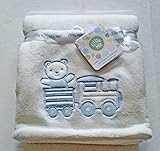 Plush Ivory Baby Blanket With Blue Teddy & Train Applique' [並行輸入品]