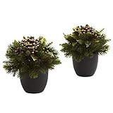 Nearly Natural 4981-S2 Pine and Berries with Black Planter, Green/Gold, Set of 2 [並行輸入品]