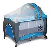 (Newox) プレイヤード ベビーサークル ベビーベッド 折りたたみ おむつ替えテーブル付 キャリーバッグ付 キャスター付 お昼寝マット付 虫よけネット付 (ブルー)