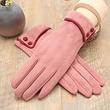 JJdo レディース暖かく手袋　防水ピリングがない　ハンドウォーマー 指先スマートフォン対応　シンプルなデザイン刺繍　紫　ピンク　黒い　ブラウン (ボタン-ピンク)