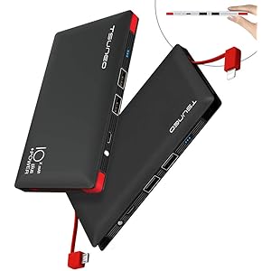 モバイルバッテリー 大容量 ケーブル内蔵 10000mah MFi認証 スマホ 充電器 ライトニング/microUSBコネクタ付 2USBポート 4台同時充電 軽量 持ち運び便利 iphone&ipad&Android対応 (ブラック)