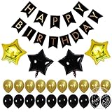 partigos Happy誕生日デコレーションバナーホオジロフラグガーランドwith 18インチStar Foil BalloonベビーシャワーパーティーSuppliesキット(ブラック+ゴールド)