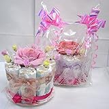 ご出産お祝い＜おむつケーキ＞　リーズナブルなお値段のかわいいおむつケーキ　フラワーA　(女の子用ピンク系リボン）