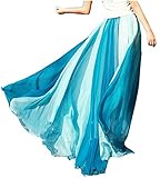 ムルタン女性レトロビンテージダブルレイヤーシフォンプリーツマキシロングスカートドレス (白蓝)