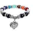 Hithop 10MM 7 Chakra Religion Healing Balance Stone Beaded Bracelet Yoga Reiki Charm Heart Bracelets, Stone