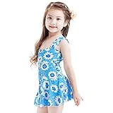 [FERE8890] ガールズ 水着 連体式 ワンピース フラワー ブリント 肩ひも 無袖 透かし彫り ファッション 可愛い 露背 ブルー S