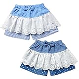 (サックス/95cm)ベビー服 女の子 ヒラパン パンツ スカート Dolly Ribbon ドーリーリボン ボトム ダンガリー切替 レースフリル ドット ストライプ リボン ウエストゴム 女児 ベビ