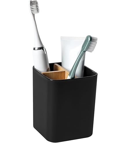 SYJAN HOME Matte Ceramic Toothbrush Holder - Modern Bathroom Organizer Cup In Black - View #6