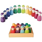 Grimm's Set of 12 Rainbow Friends Peg Dolls - Wooden Pretend Play People Figures with Storage Tray [