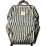 ストライプ柄キャンバス素材のガバッと開く口金入りリュック BK