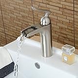 beeleeニッケルブラシ仕上げウォーターフォール浴室排水溝シンク蛇口、シングルハンドル単穴洗面所蛇口、ミキサータップ