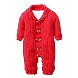 POTOJP ベビー 赤ちゃん ニット カバーオール ロンパース 長袖 無地 ベビー服 キッズ服 あたたか もこもこ 裏起毛 クライミング服 満月/出産祝い/プレゼント 春秋冬防寒着 子供服 (レッド