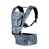 ベビー抱っこ紐デニムプリント柄　赤ちゃんの姿勢とママの負担を軽減させるために作られた新しい抱っこひも　もっちり肩滑べ止め臀部シート付き　高い通気性　柔らか　調節できる　大いポケット付き　多機能 (ブル