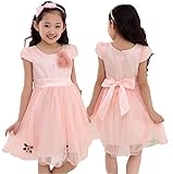 プリンセス フラワー リボン 子供用 ドレス 半袖 / ワンピース　キッズ 衣装 /　結婚式 発表会 ジュニア フォーマル 女の子 ピンク (140cm, ピンク)