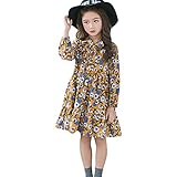 S&T　ワンピース　子供服　女の子　小花柄　フリル　ハイウエスト　膝上丈　長袖　蝶結び　綿製　春秋　イエロー　150