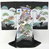 お宮参り 着物 男 「黒色地に宝船と小槌に波 薄水色のぼかし 金彩　刺繍」〔zu〕