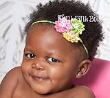 エレガントな素材感トリプルサテンフラワーとレースのヘアバンド☆ピンク、グリーン＆イエロー