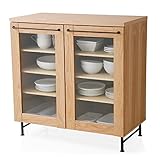 食器棚 キッチン収納 木製 天然木 タモ材 スチール 可動棚 キャビネット Ctype 幅89cm 高さ90cm ナチュラル/ブラック