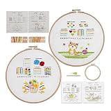 エブヘリーズ レベル1手刺繍キット、初心者向けの基本的なステッチ、パックに2セット、フープ 1 個、型押し布、説明書付き、針2本、刺繍ステッチ練習キット12点 (猫+花)
