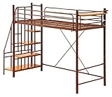 ロフトベッド 階段付き 棚付き 高さ調節可能 極太パイプ使用 コンセント付き ハンガーパイプ付き (ブラウン)