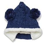 【ノーブランド品】前ボタン付きもこもこエルフニット帽（ボンボン）頭回り44-50cm 2重 モンキー帽子 とんがり帽 ネイビー