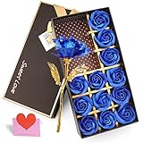 YOBANSA 金箔のバラ 造花 石鹸 花 フレグランス ソープ フラワー プレゼント 枯れない 花 母の日 誕生日 結婚祝い 結婚記念日 大切な人への感謝 メッセージカード付き (青)