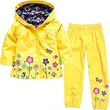 [美しいです] 子供用 ガール レインコート レインウェア キッズ 軽量 雨具 携帯ポーチ付き 通学　かわいい アニマル柄　セット　花柄　フード付き (イエロー, 90)