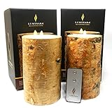 2pc Luminara Birch Bark Flameless Candle 7 " in。TallワックスピラーセットW/Realバーチ木製4 " in。直径|ボーナスリモートコントロール含ま