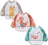 HaimoBurg 3枚セット 赤ちゃん ベビー お食事 防水 エプロン 長袖 マジック式 スタイ ポケット 6ケ月～3歳