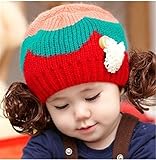 ニット帽 赤ちゃん 5カ月 ～ 3歳 子供ハット かつら ウィッグ 付き 新生児 お洒落 伸縮性がある ヘアバンド ヘアアクセサリー 防寒防風対策 出産祝い プレゼント (Red)