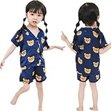 YUEGUANG ベビーパジャマ セット キッズ ルームウェア 半袖 パジャマ クマ プリント 寝間着 上下セット 綿 通気 男児 女児 女の子 男の子 (130cm, ネイビー)